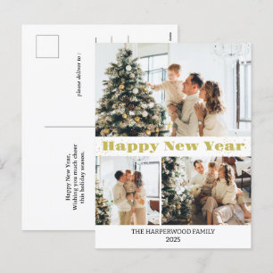 Simple Elegant Modern Happy New Year Three-Photo Holiday Postcard