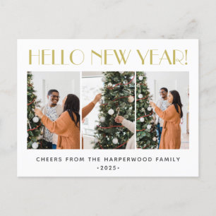 Simple Elegant Modern Happy New Year Three Photo Holiday Postcard