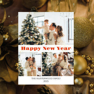 Simple Elegant Modern Happy New Year Three-Photo Holiday Postcard