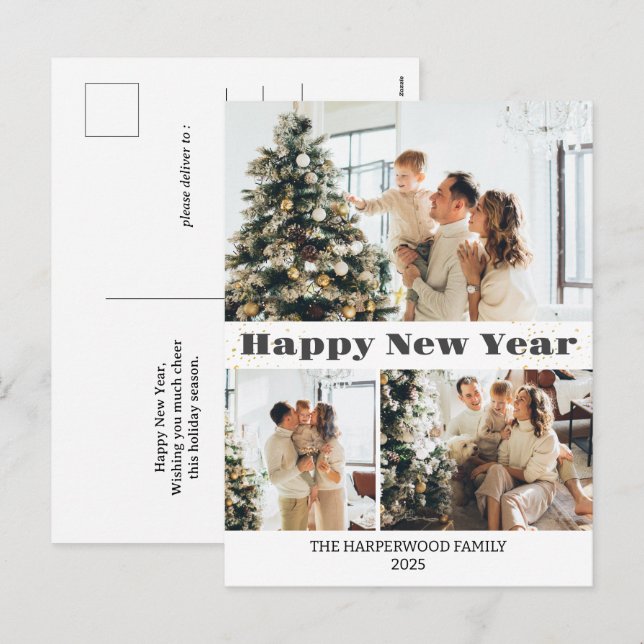 Simple Elegant Modern Happy New Year Three-Photo Holiday Postcard (Front/Back)