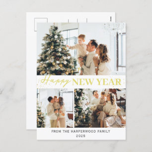 Simple Elegant Modern Happy New Year Three-Photo Holiday Postcard
