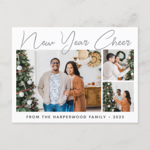 Simple Elegant Modern Happy New Year Three Photo Holiday Postcard