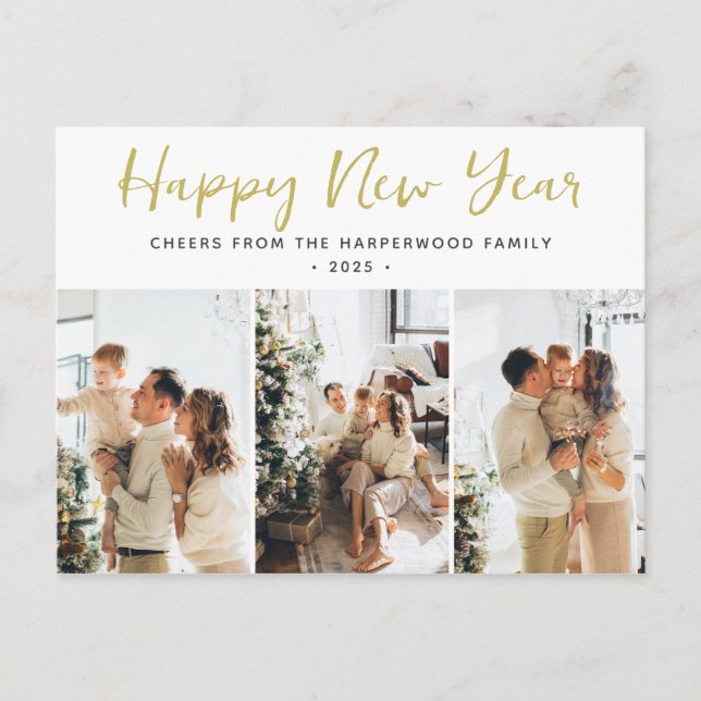 Simple Elegant Modern Happy New Year Three Photo Holiday Postcard (Front)