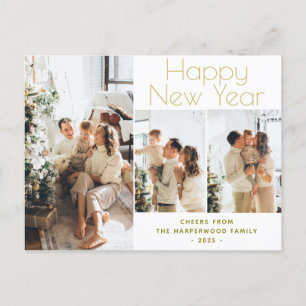 Simple Elegant Modern Happy New Year Three Photo Holiday Postcard