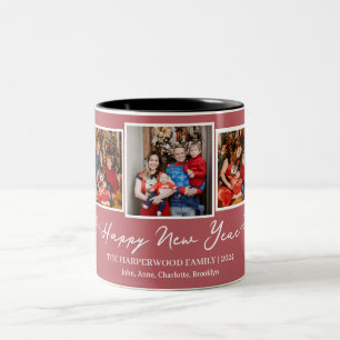 Simple Elegant Modern Happy New Year Three Photo Two-Tone Coffee Mug