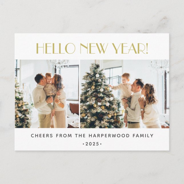Simple Elegant Modern Happy New Year Two Photo Holiday Postcard (Front)