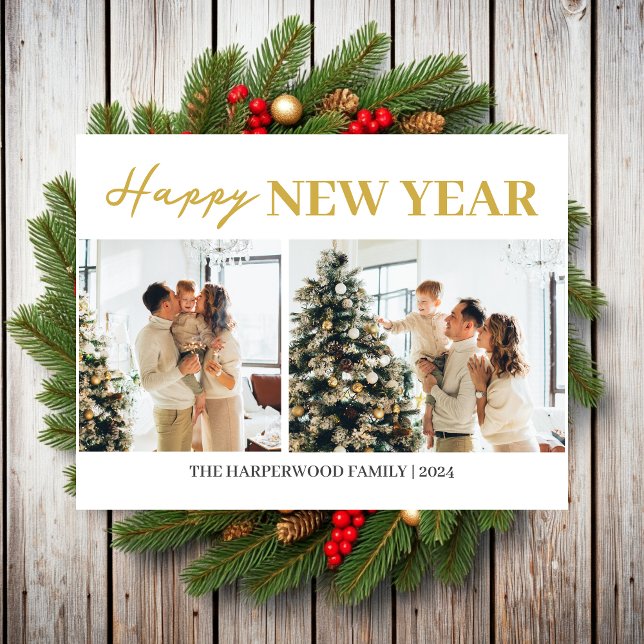 Simple Elegant Modern Happy New Year Two Photo Holiday Postcard (Creator Uploaded)