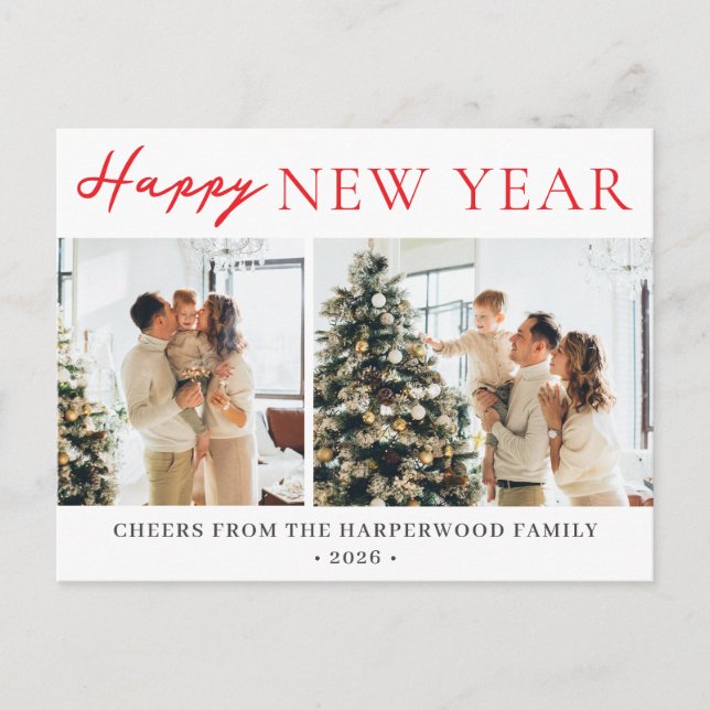 Simple Elegant Modern Happy New Year Two Photo Holiday Postcard (Front)