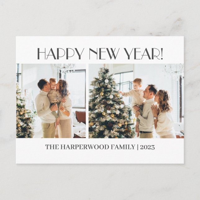 Simple Elegant Modern Happy New Year Two Photo Holiday Postcard (Front)