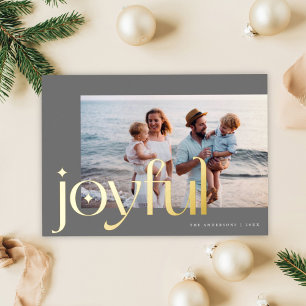 Simple Elegant Modern Joyful 1 Photo Grey Gold  Foil Holiday Card