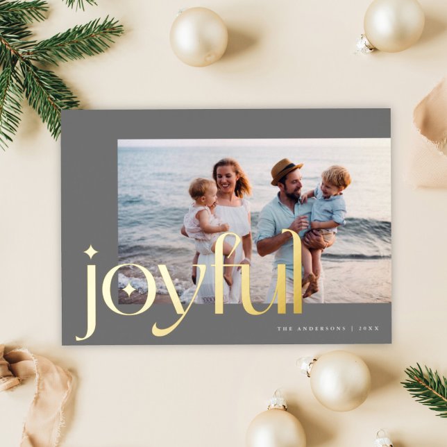 Simple Elegant Modern Joyful 1 Photo Grey Gold  Foil Holiday Card (Creator Uploaded)