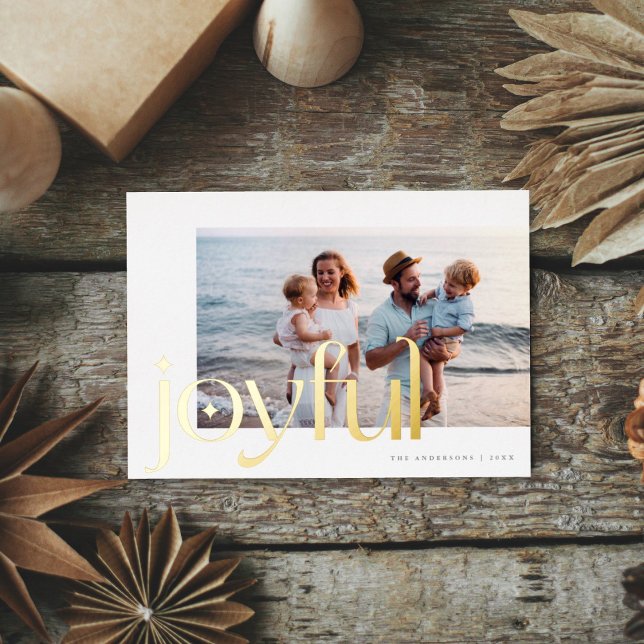Simple Elegant Modern Joyful 1 Photo White Gold  Foil Holiday Card (Creator Uploaded)