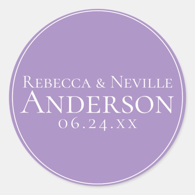 Simple Elegant Modern Lavender Text Wedding Classic Round Sticker (Front)