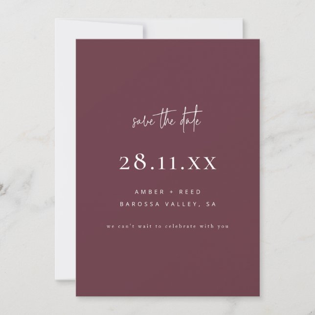 Simple Elegant Modern Minimalist Burgundy Script Save The Date (Front)