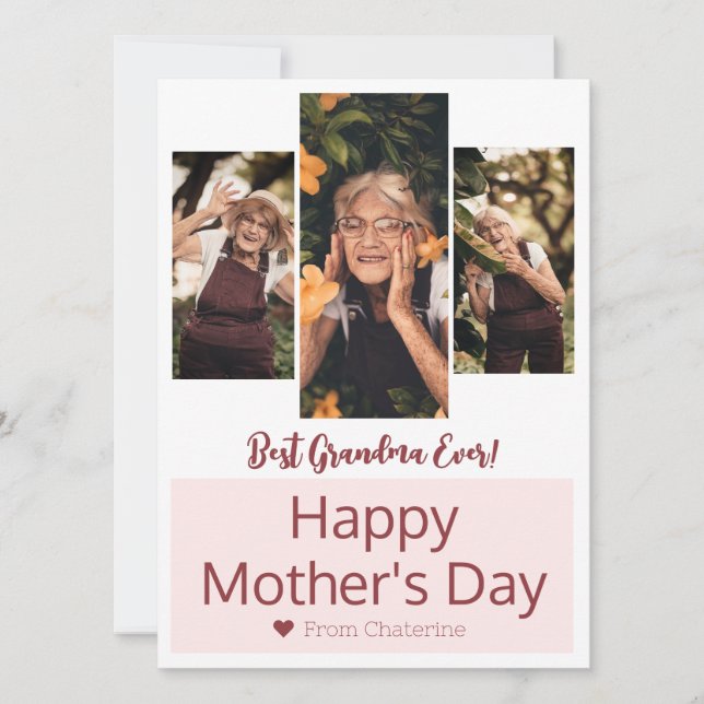 Simple Elegant Modern Mothers Day Grandma 3 Photo Holiday Card (Front)