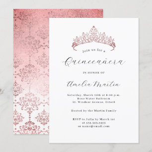Simple Elegant Modern Pink Tiara Quinceanera Invitation