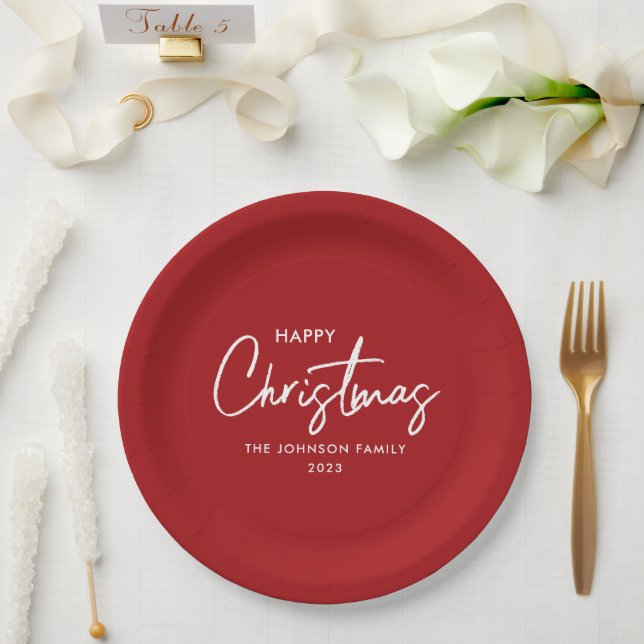 Simple Elegant Modern Red Happy Christmas  Paper Plate (Wedding)