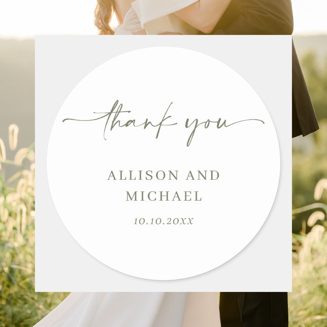 Simple Elegant Modern Sage Green Script Wedding Classic Round Sticker (Creator Uploaded)
