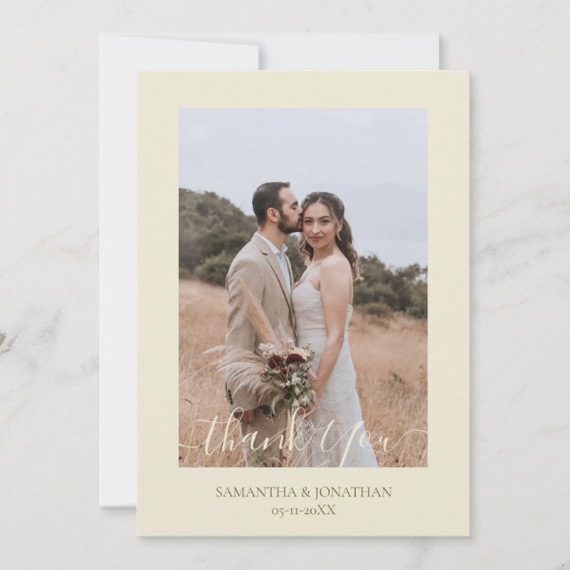 Simple Elegant Modern Script 4 photos wedding Thank You Card (Front)