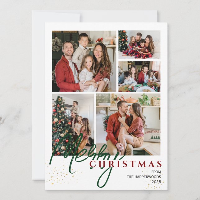  Simple Elegant modern Script 5 photo Christmas Holiday Card (Front)