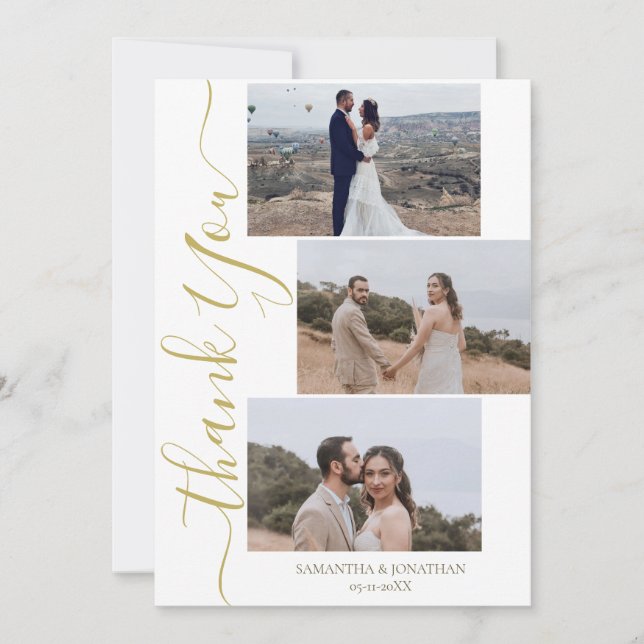 Simple Elegant Modern Script 6 photos wedding Than Thank You Card (Front)