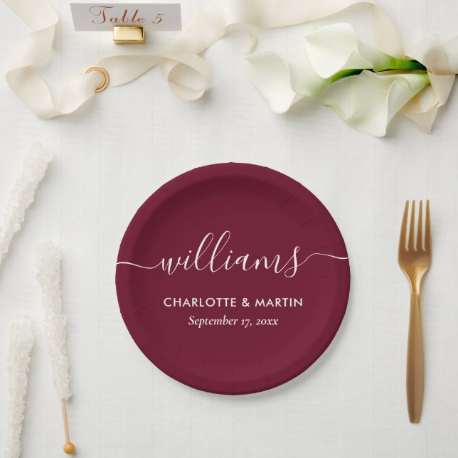 Simple Elegant Modern Script Burgundy Wedding Paper Plate (Wedding)