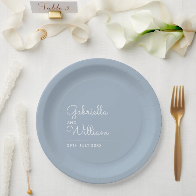 Simple Elegant Modern Script Dusty Blue Paper Plate (Wedding)