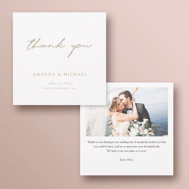 Simple Elegant Modern Script Gold Wedding Photo Thank You Card (Creator Uploaded)