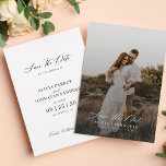 Simple elegant modern script photo wedding save the date<br><div class="desc">Boho minimalist photo overlay wedding save the date card template with your custom engagement picture and a trendy handwriting chic romantic calligraphy script.                  Personalise it with your photos and details!</div>