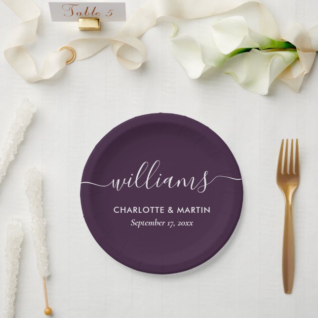 Simple Elegant Modern Script Purple Wedding Paper Plate (Wedding)