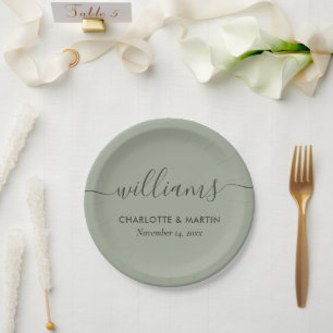 Simple Elegant Modern Script Sage Green Wedding Paper Plate