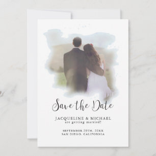 Simple Elegant Modern Script Watercolor Photo Blue Save The Date