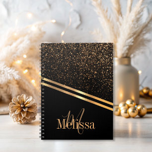 Simple elegant Monogram Black and Gold glitter  Notebook
