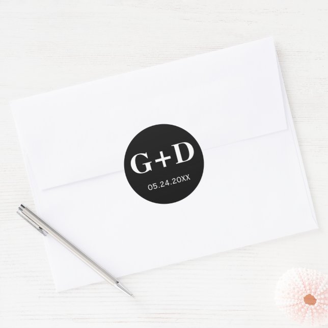 Simple, elegant monogram black and white wedding classic round sticker (Envelope)