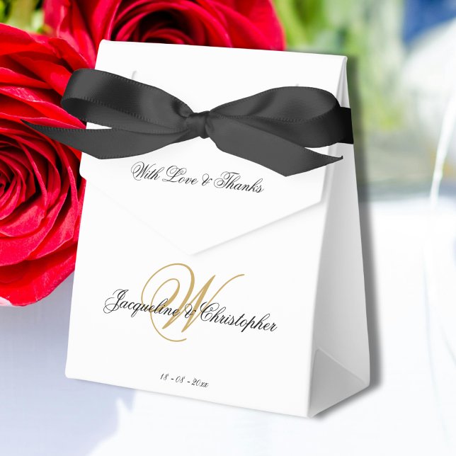  Simple Elegant Monogram Chic Script Wedding  Favour Box (White, Black and Gold - Simple Elegant Monogram with Chic Script Names Wedding Favor Boxes.)