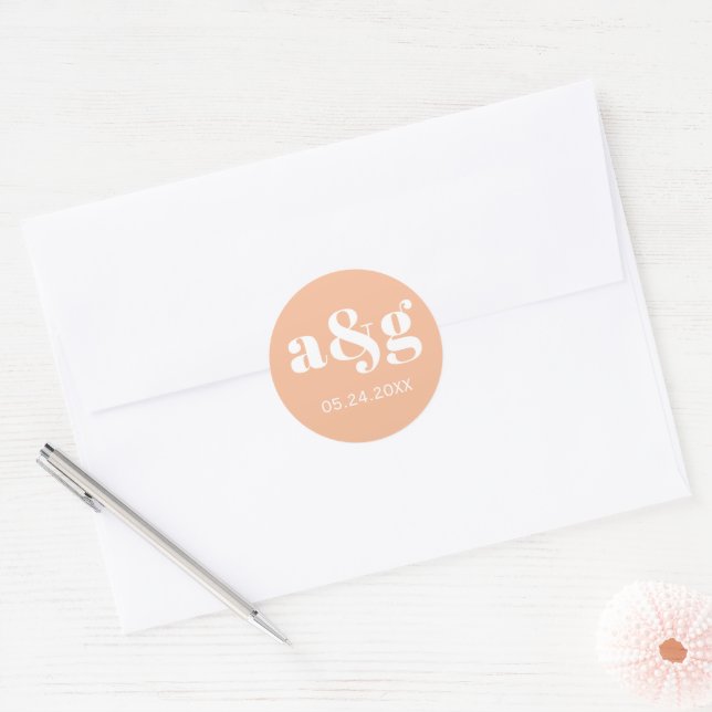 Simple, elegant monogram coral peach wedding classic round sticker (Envelope)