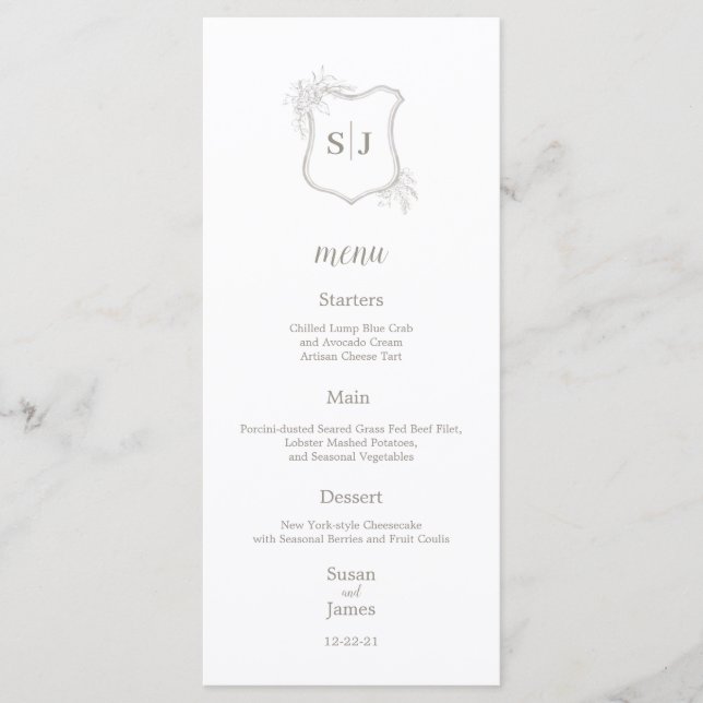 Simple Elegant Monogram crest Wedding Menu (Front)