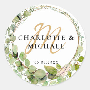 Simple, elegant, monogram eucalyptus weddi Sticker