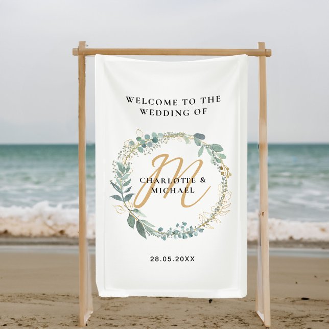 Simple, elegant, monogram eucalyptus wedding banner (Simple, elegant, botanical, monogram, eucalyptus wreath, white wedding banner.)