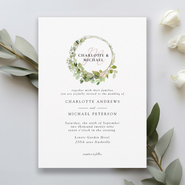 Simple, elegant, monogram eucalyptus wedding invitation (Creator Uploaded)