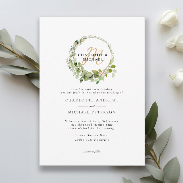 Simple, elegant, monogram eucalyptus wedding invitation (Creator Uploaded)