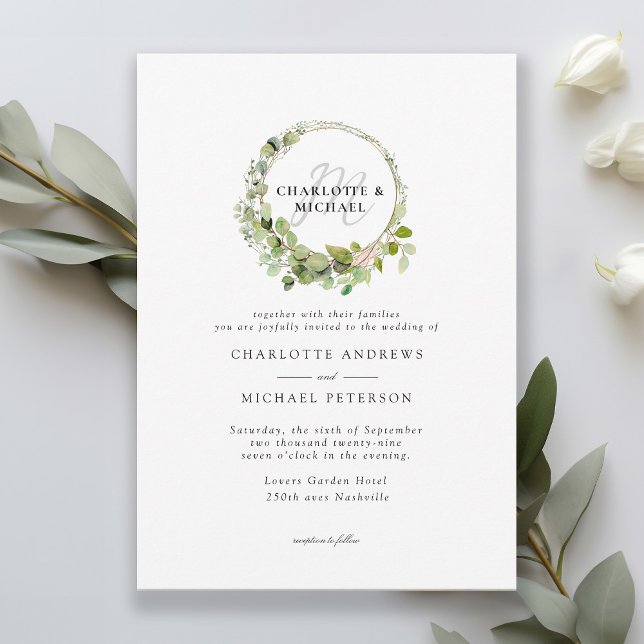 Simple, elegant, monogram eucalyptus wedding invitation (Creator Uploaded)