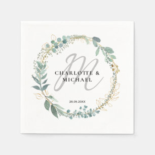 Simple, elegant, monogram eucalyptus wedding napkin