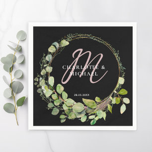 Simple, elegant, monogram eucalyptus wedding   napkin