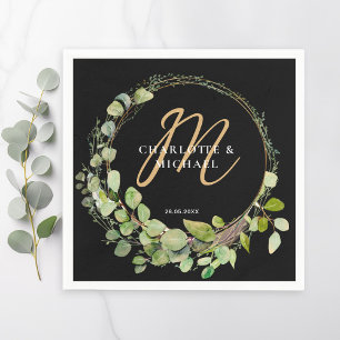 Simple, elegant, monogram eucalyptus wedding napkin