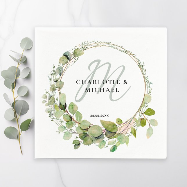 Simple, elegant, monogram eucalyptus wedding  napkin (Creator Uploaded)