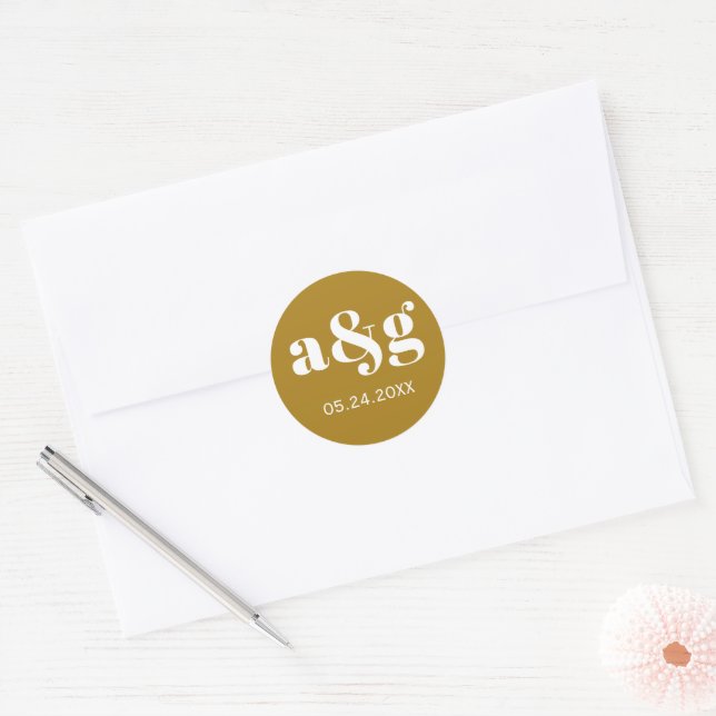 Simple, elegant monogram golden brown wedding classic round sticker (Envelope)
