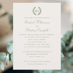 Simple Elegant Monogram Green Cream Wedding Invitation