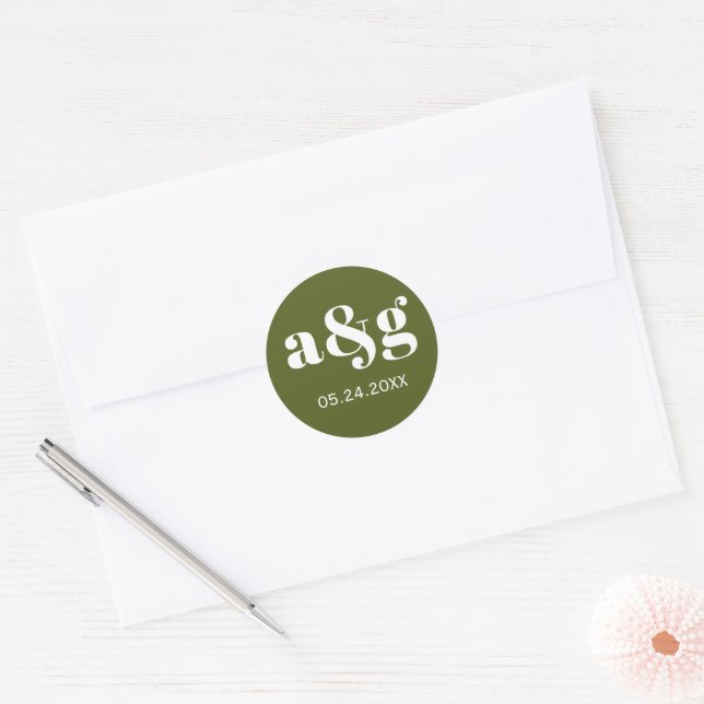Simple, elegant monogram green wedding classic round sticker (Envelope)