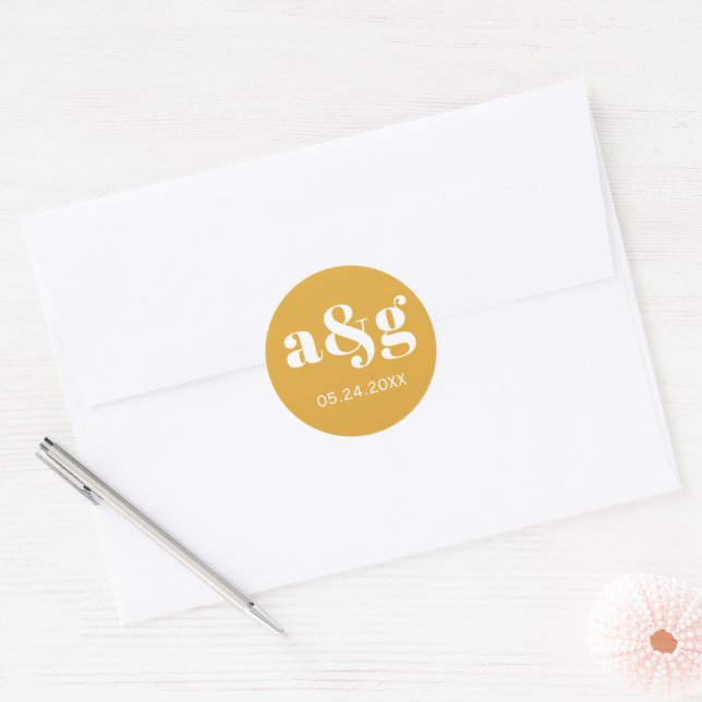 Simple, elegant monogram mustard yellow wedding classic round sticker (Envelope)
